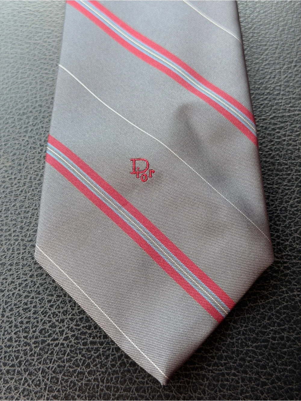 Dior Gray Silk Tie with Red and White Diagonal Stripes